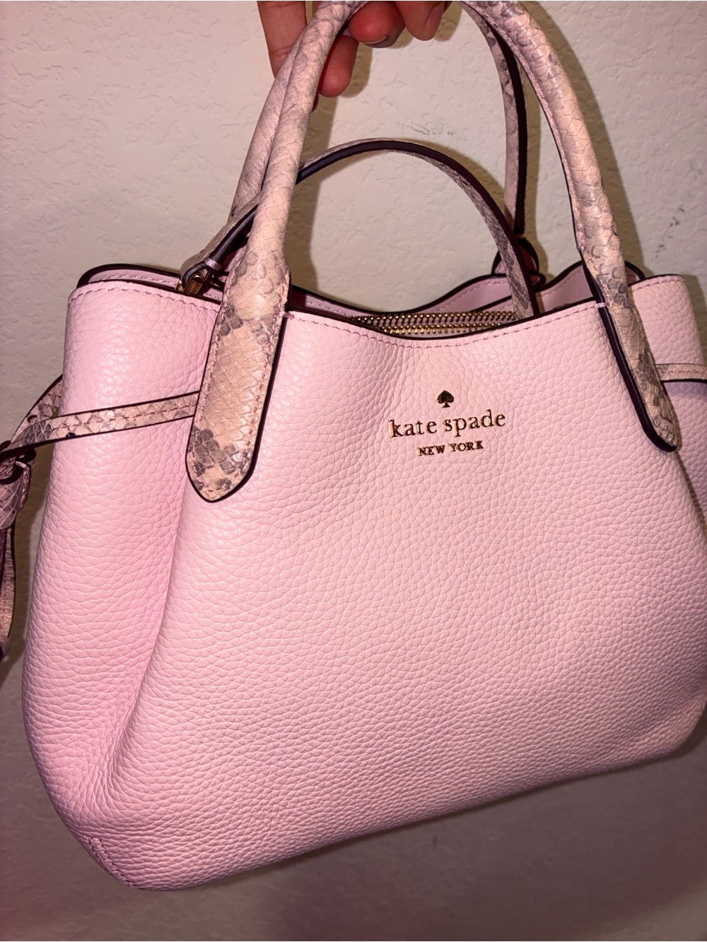 kate spade Pebbled Leather Satchel in Light Pink with Snakeskin-Trim Handles - Picture 6 of 11